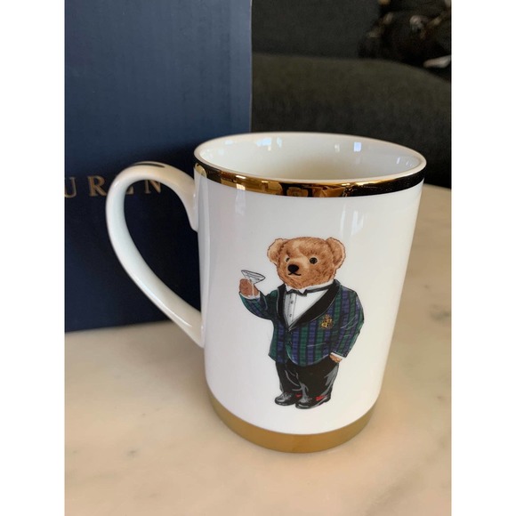 NIB Ralph Lauren Tuxedo Teddy Bear Gold-Rimmed Mug - Picture 2 of 8